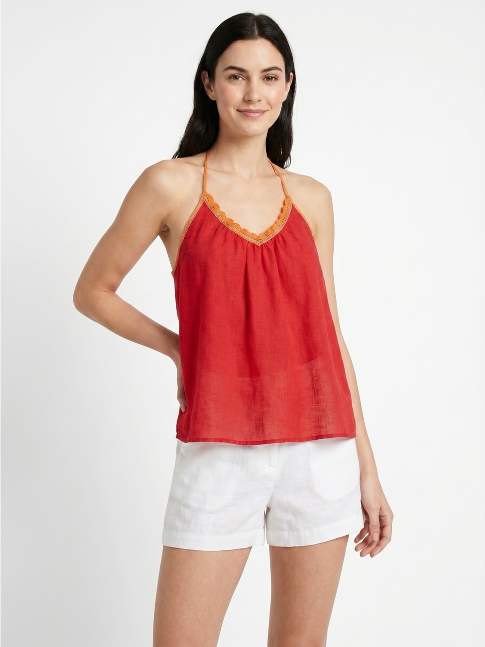 H&M Red Linen Halter Camisole with Orange Lace Trim
